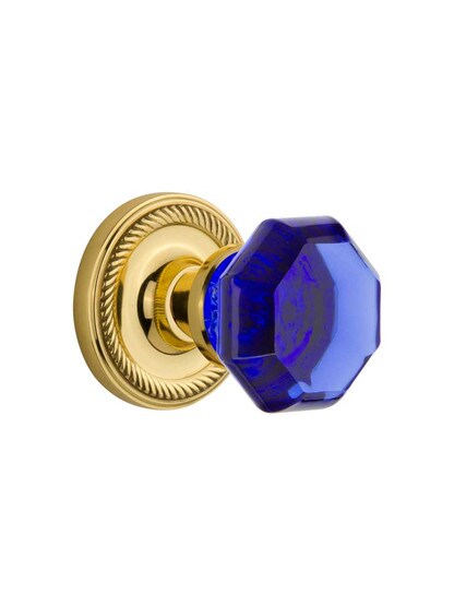 Rope Rosette Door Set with Colored Waldorf Crystal Glass Knobs Cobalt Blue in Polished Brass.